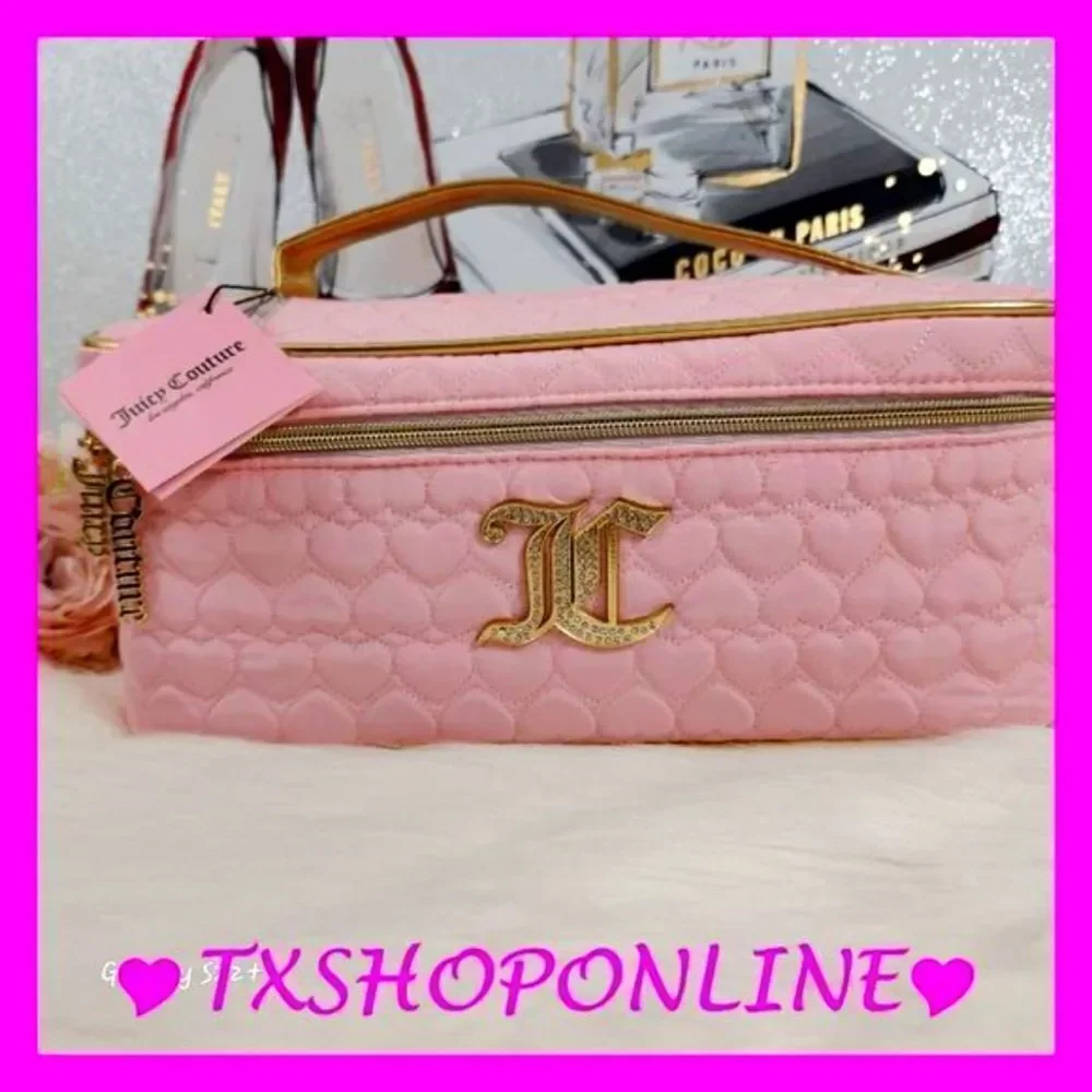 {Juicy Couture} Pink Quilted Hearts Train Case | Bling Cosmetic Bag |